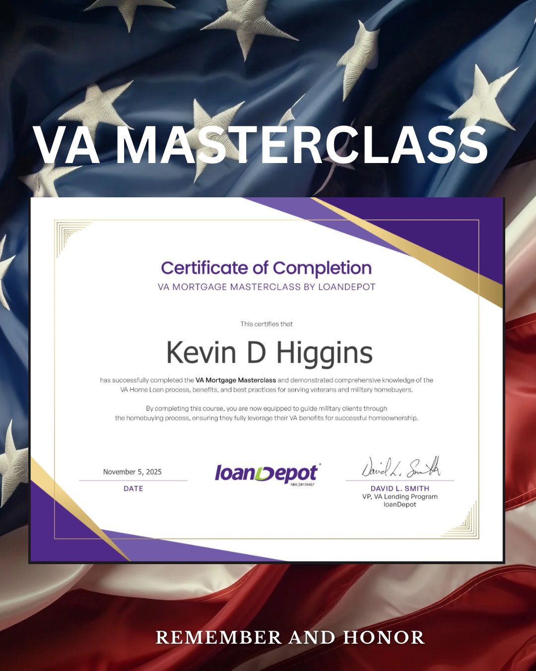 Kevin D Higgins VA Mortgage Masterclass Certificate of Completion — loanDepot, November 2025
