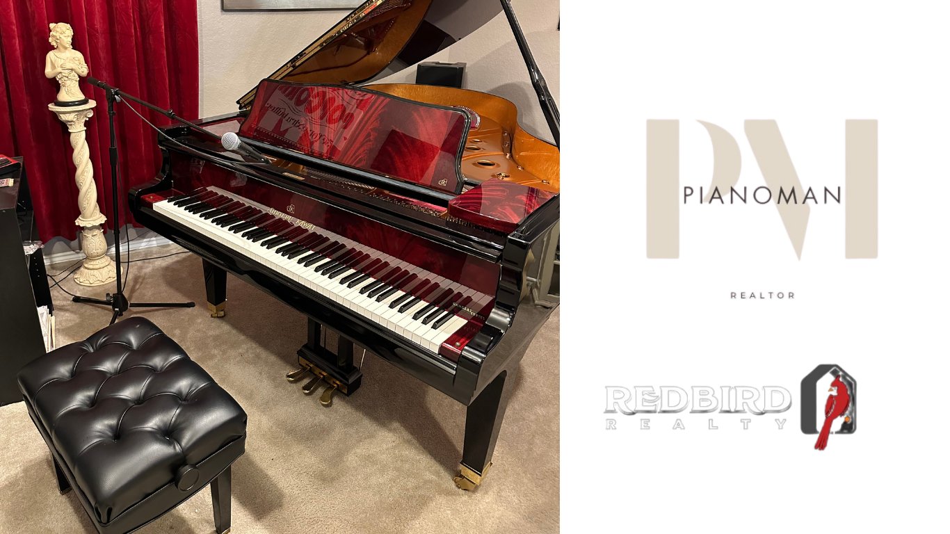 Kevin's grand piano studio with Pianoman Realtor and Redbird Realty branding
